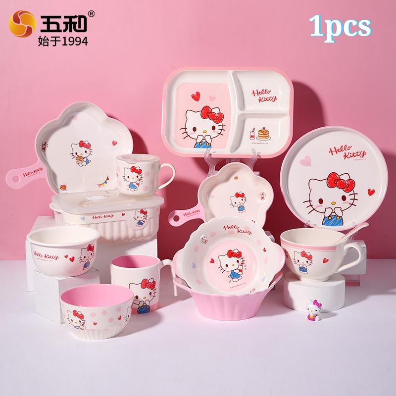 For Sanrio Hello Kitty Tableware Breakfast Rice Bowl Safe and Heat-Resistant Plate Cup Spoon Melamine Tableware for Cutlery Bowl