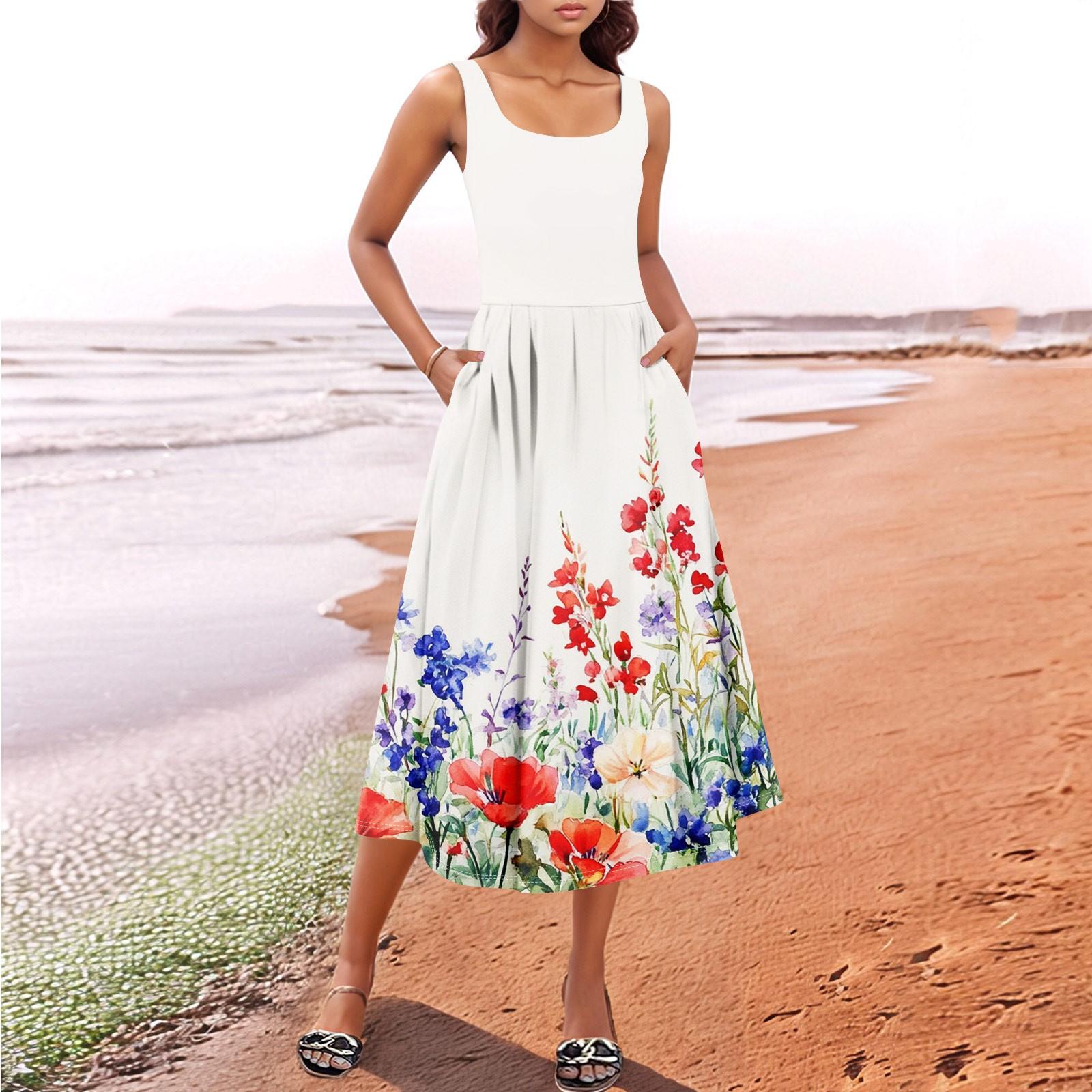 

Women s Summer Spring Casual Floral Sundress Sleeveless Beach Vacation Flowy Boho Tank Midi Dresses XL білий