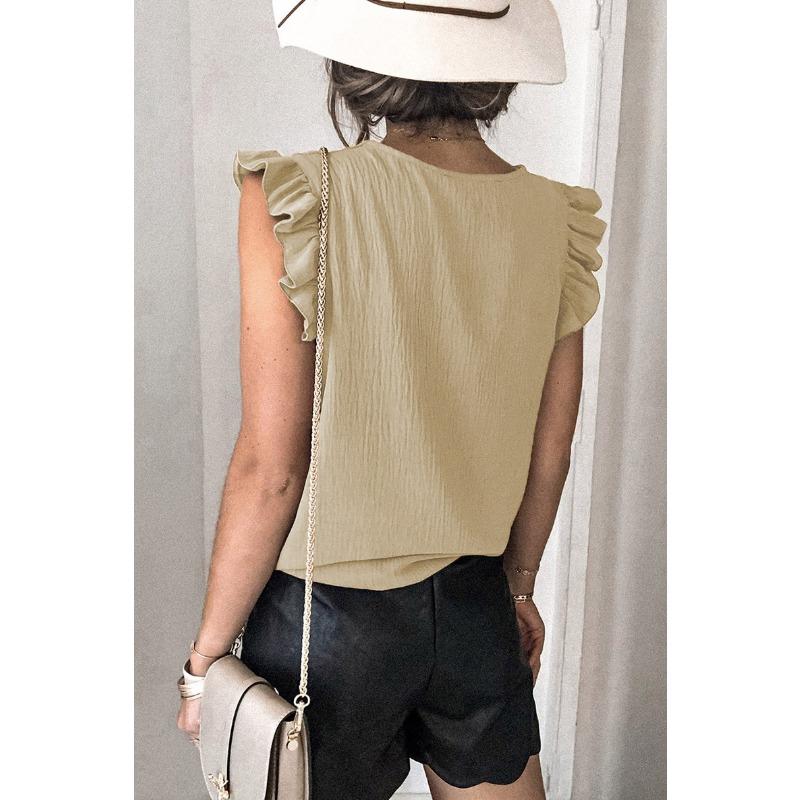 Women European Casual Solid V Neck Sleeveless Ruffle Pullover T Shirt Top