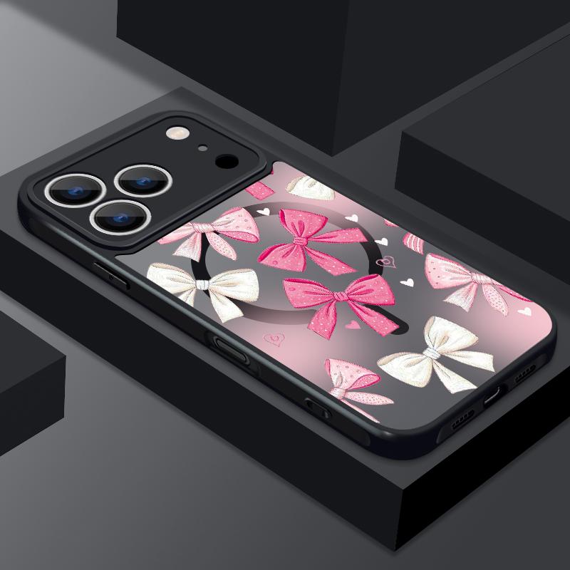 Cherry Bowknot Patterned Magnetic Phone Case For iPhone 17e 17 Pro Max 16 15 14 13 Pro Max 16e 11 For Magsafe Acrylic Back Cover