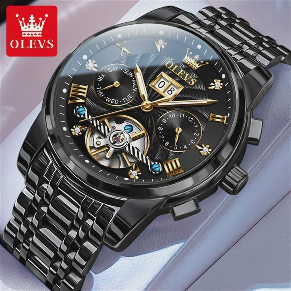 OLEVS Luxury Gold Tourbillon Mechanical Watch for Men Stainless Steel Waterproof Luminous Date Business Mens Watches
