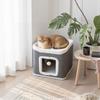 Cat House for Indoor Kittens, 2-Level Cat Cave Bed with Fluffy Balls, Top Bed, Kitten Barrel for Multi Kitties, Grey