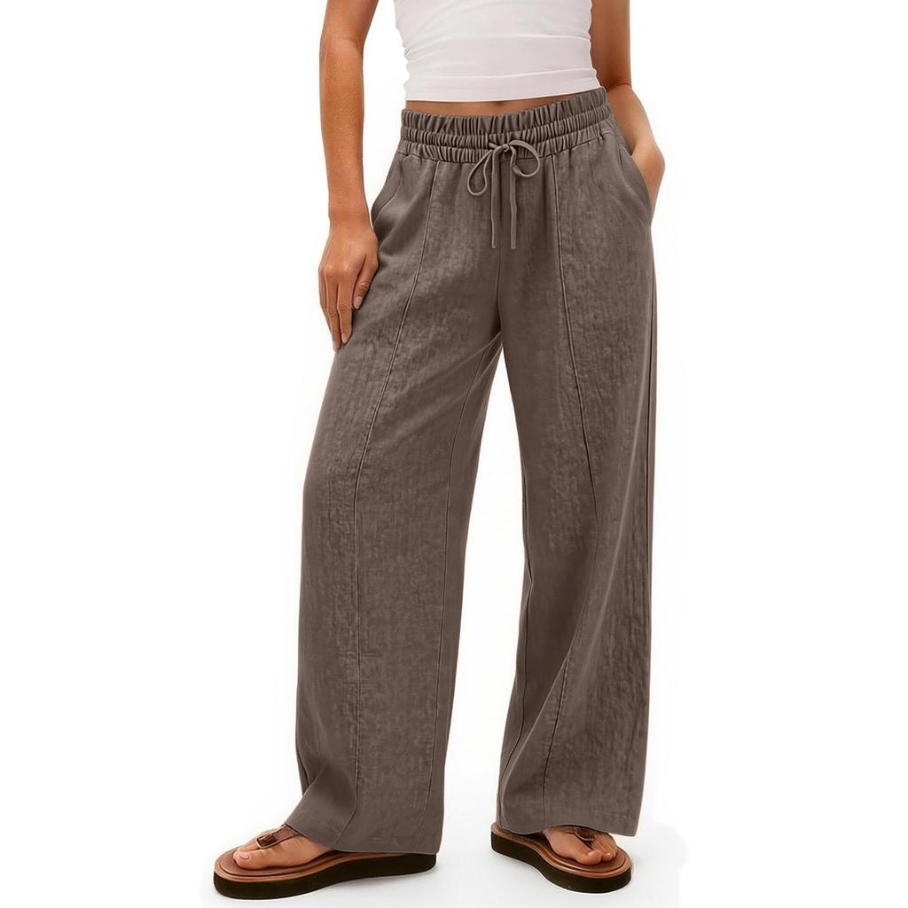 Linen Casual Wide Leg Pants For Women Elastic Waist Versatile Business Casual Work Palazzo Trousers With Pockets