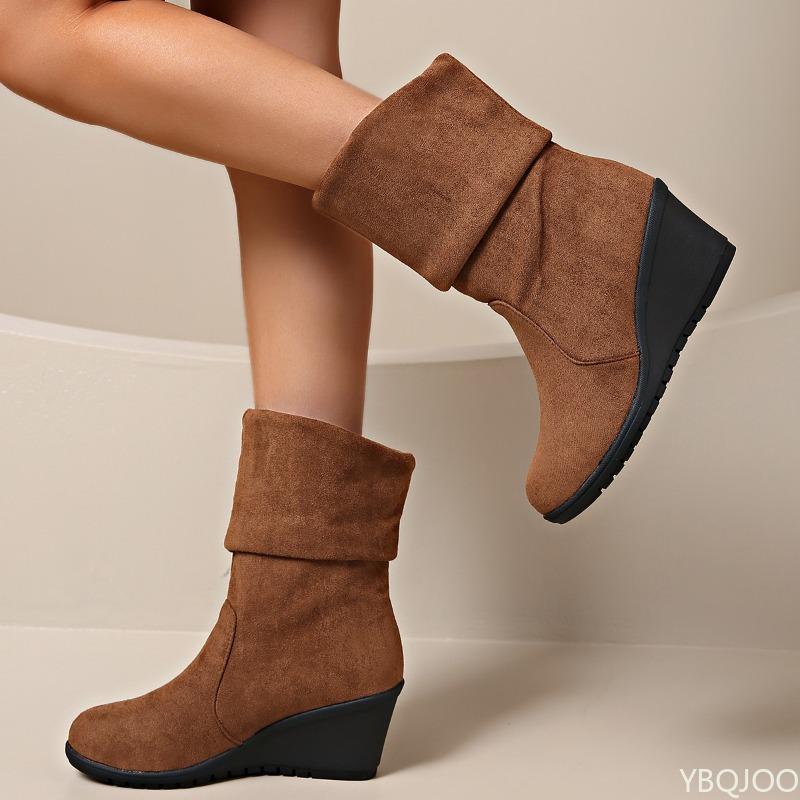 Herbst Winter Neue Stiefel mit großem Keilabsatz und runder Spitze für Damen Hoher Absatz Schlicht Bequem Vielseitig Damenstiefel