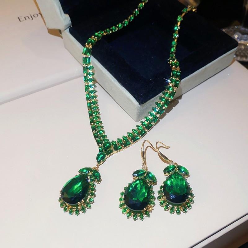 Waterdrop Zircon Inlaid Earrings Necklace Set Luxury Style Fashion Jewelry Women