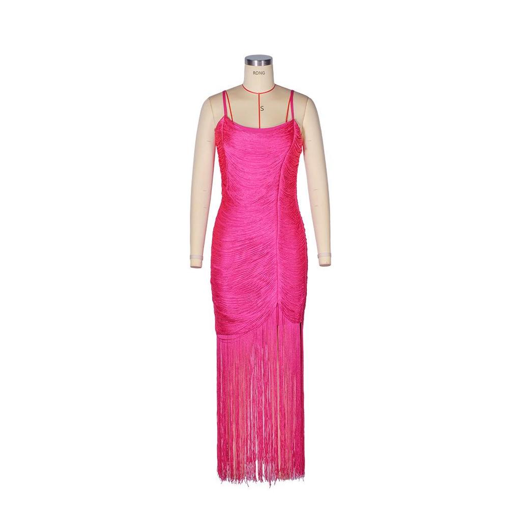 European & American Fringe Off-Shoulder Sexy Spaghetti Strap Bodycon Party Dress