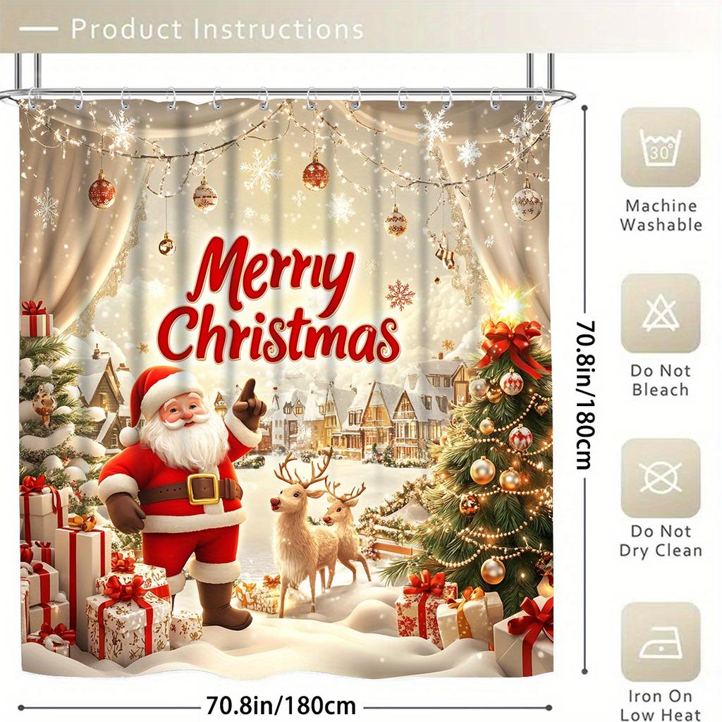 4Pcs Bathroom Shower Curtain Set  Christmas Santa Pattern Bathroom Curtain With 12 Hooks Non Slip Rugs Toilet Cover Mat Bathroom Partition
