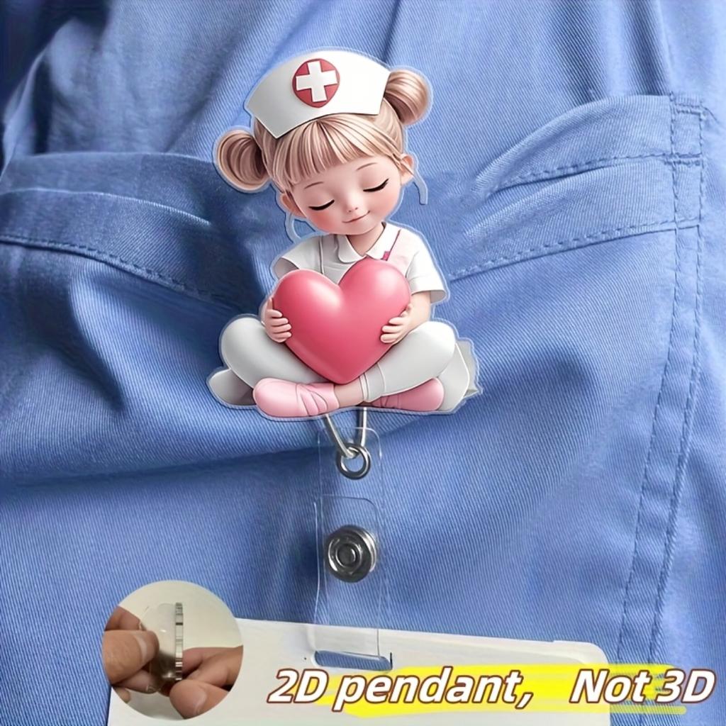 2D flacher Acryl-Rosa-Herz-Krankenschwester-Einziehbarer Ausweisclip, Langlebiger Arbeitsausweishalter für Medizinstudenten, Krankenschwestern, Klinische Praktiker