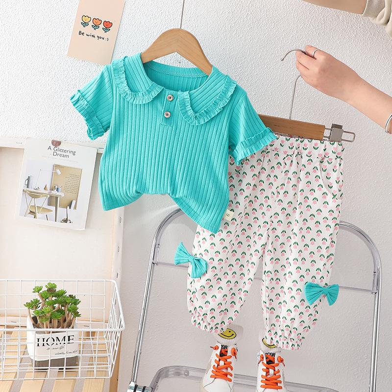 

Новый летний комплект одежды для девочек, детская повседневная футболка и шорты, комплект из 2 предметов, спортивный костюм для малышей, детская одежда, детские спортивные костюмы 110 зелёный