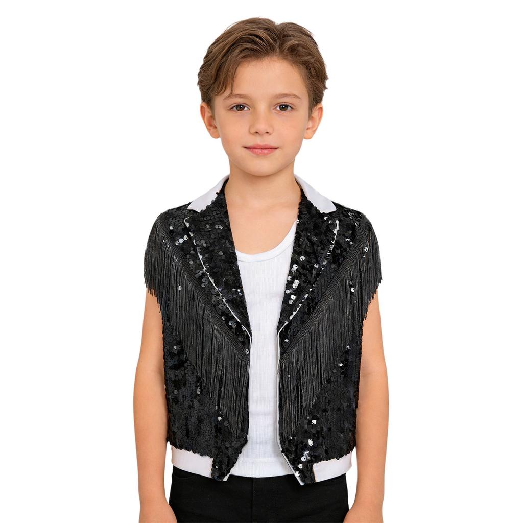 Gilet de Performance Scénique Danse Jazz pour Garçons à Franges Paillettes Scintillantes Revers de Couleur Contrastante Haut Sans Manches