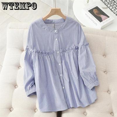 Korean Casual Stand Up Collar Striped Shirt for Women Versatile 9-quarter Sleeve Lace Up Shirt