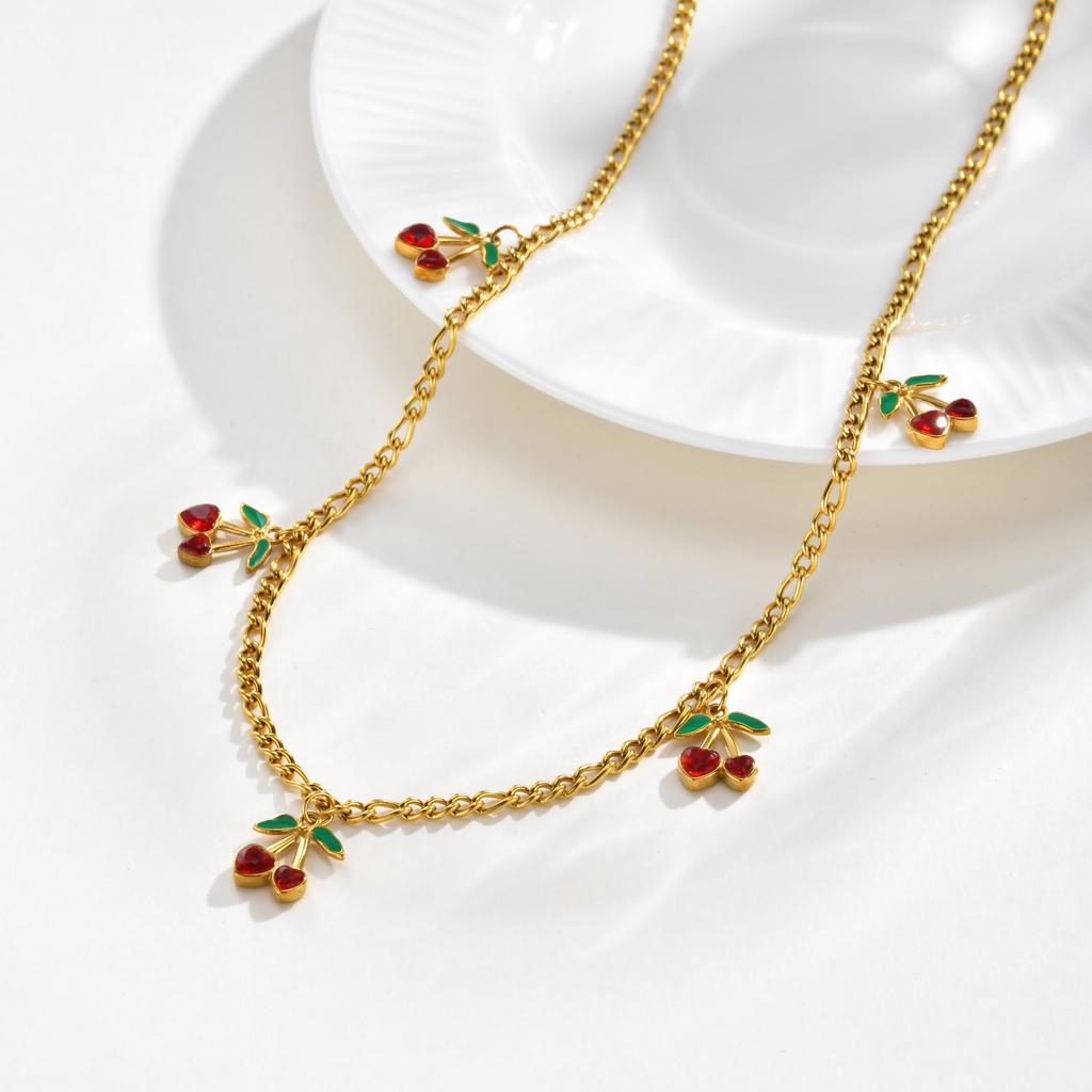 Cherry Necklace Red Zircon Fruit Charm for Women Cuban Chain Stainless Steel 18K Gold Plated Waterproof Summer Beach Y2K Jewelry