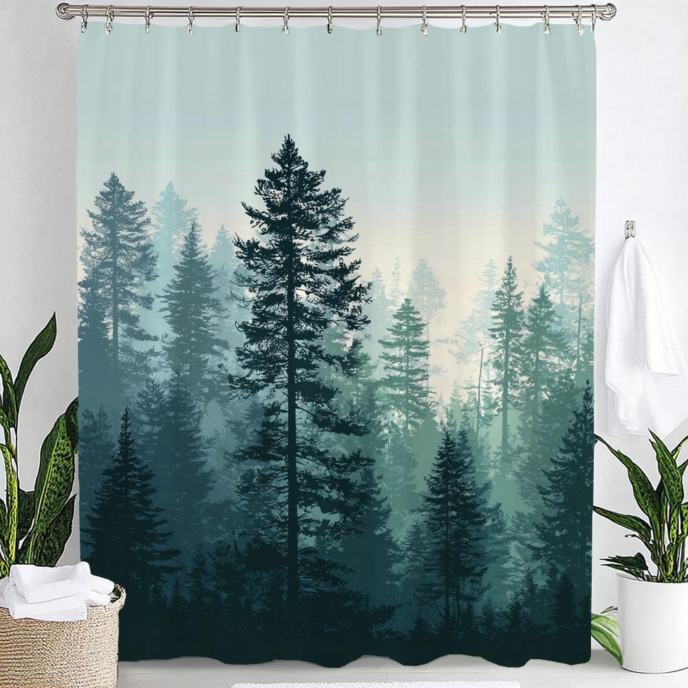 Misty Mountain Shower Curtain: Embrace the Serene Design, Soft Fabric, Natural Landscape Bathroom Decorative Curtain With Hooks