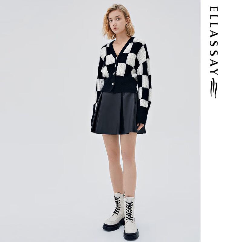 ELLASSAY Women's Black & White Plaid Wool-Cashmere Knit Sweater