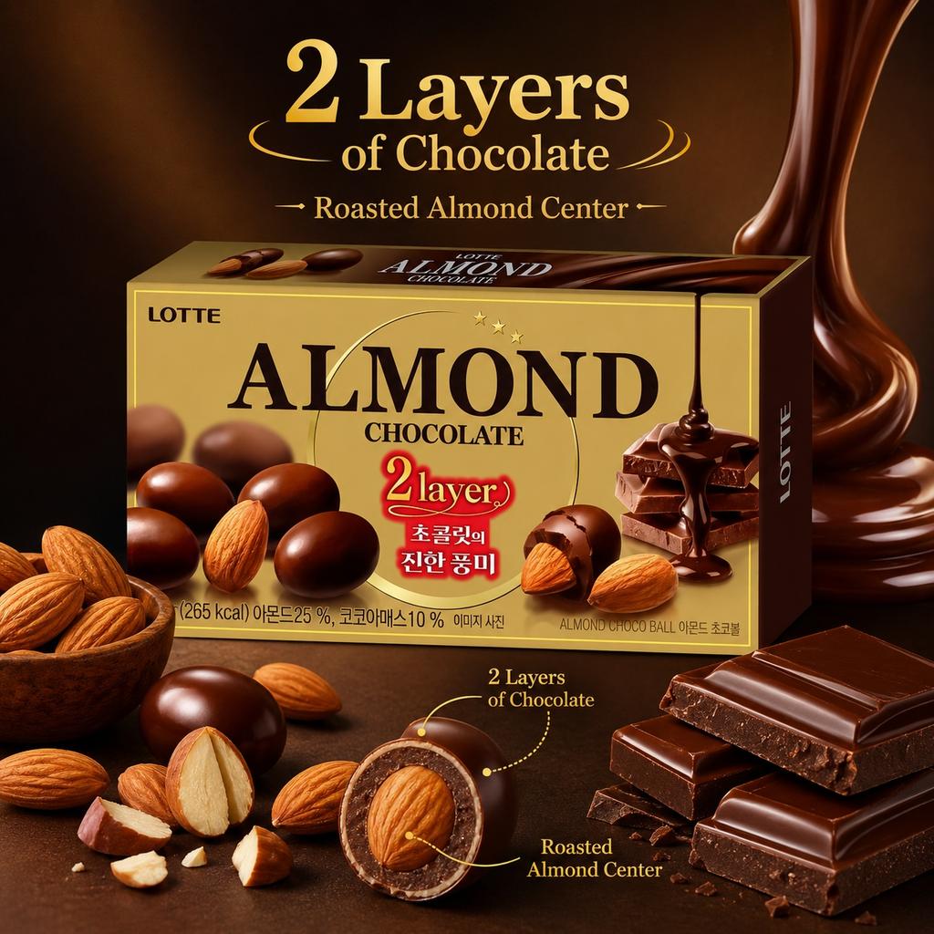 Lotte Almond Filled Chocolate Beans 46g | Rich Chocolate Flavor, Crispy Almond Filling, Convenient Snack
