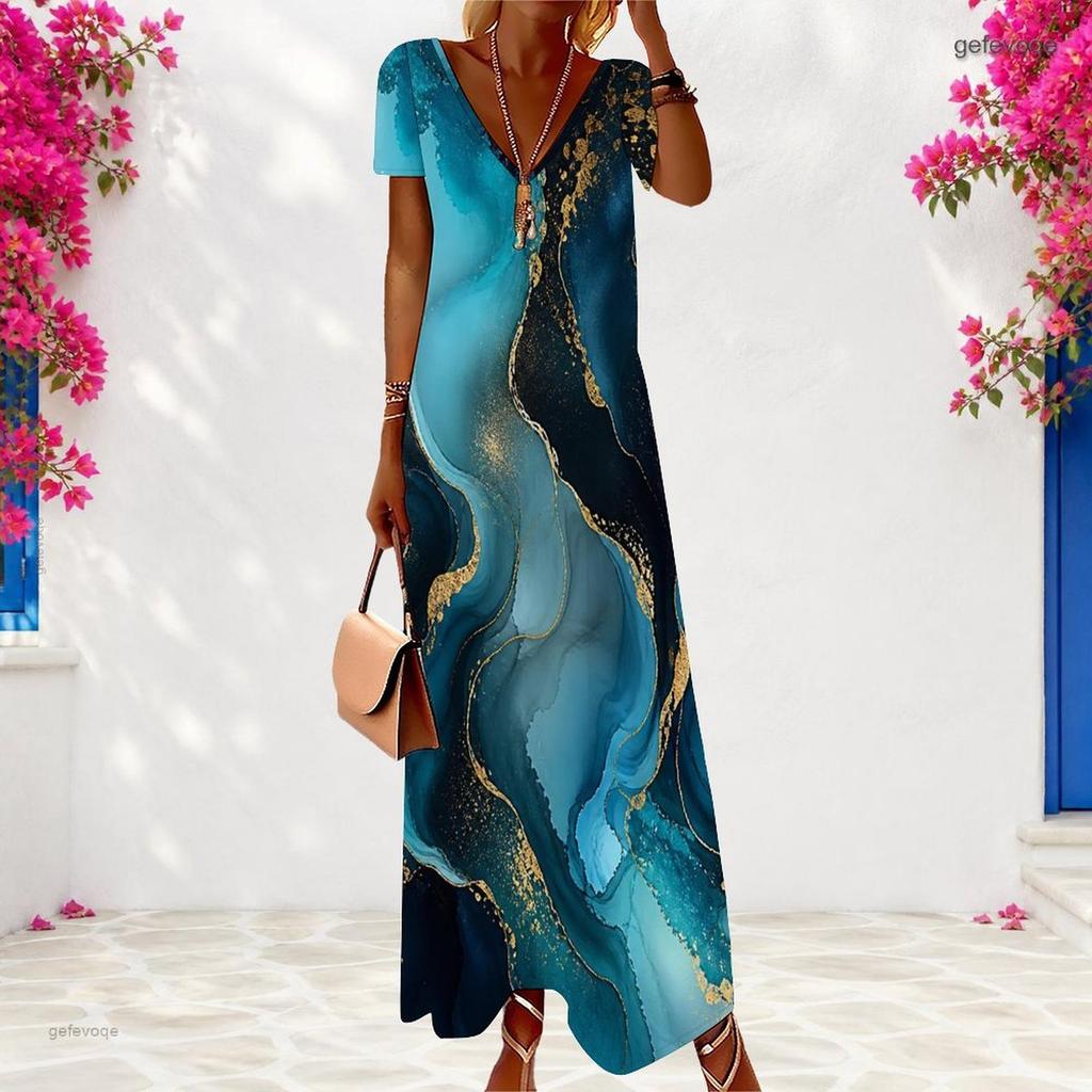Women Plus Size V Neck Short Sleeve Black Printed Maxi Dress