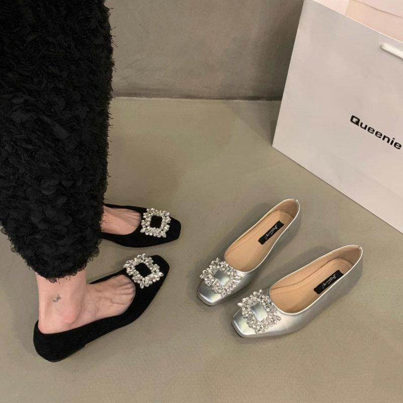 Fashion Flat Shoes for Women 2025 Spring and Autumn Silver Square Head Diamond Black Plus Size Casual Women's Shoes