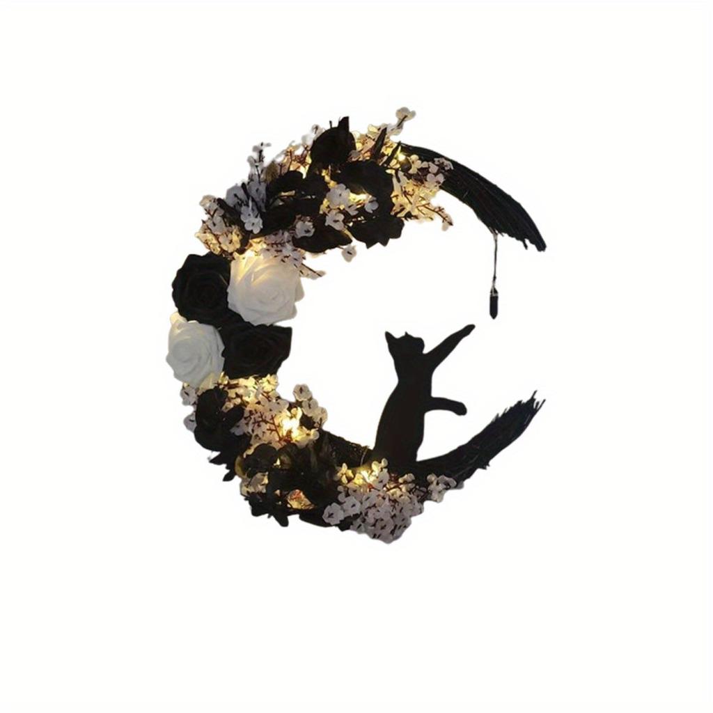 Halloween Månkrans Simulerade Rosor och Svart Katt - Dörrgirlang Halloween Hemfest Inomhusdekoration utan Strömförsörjning