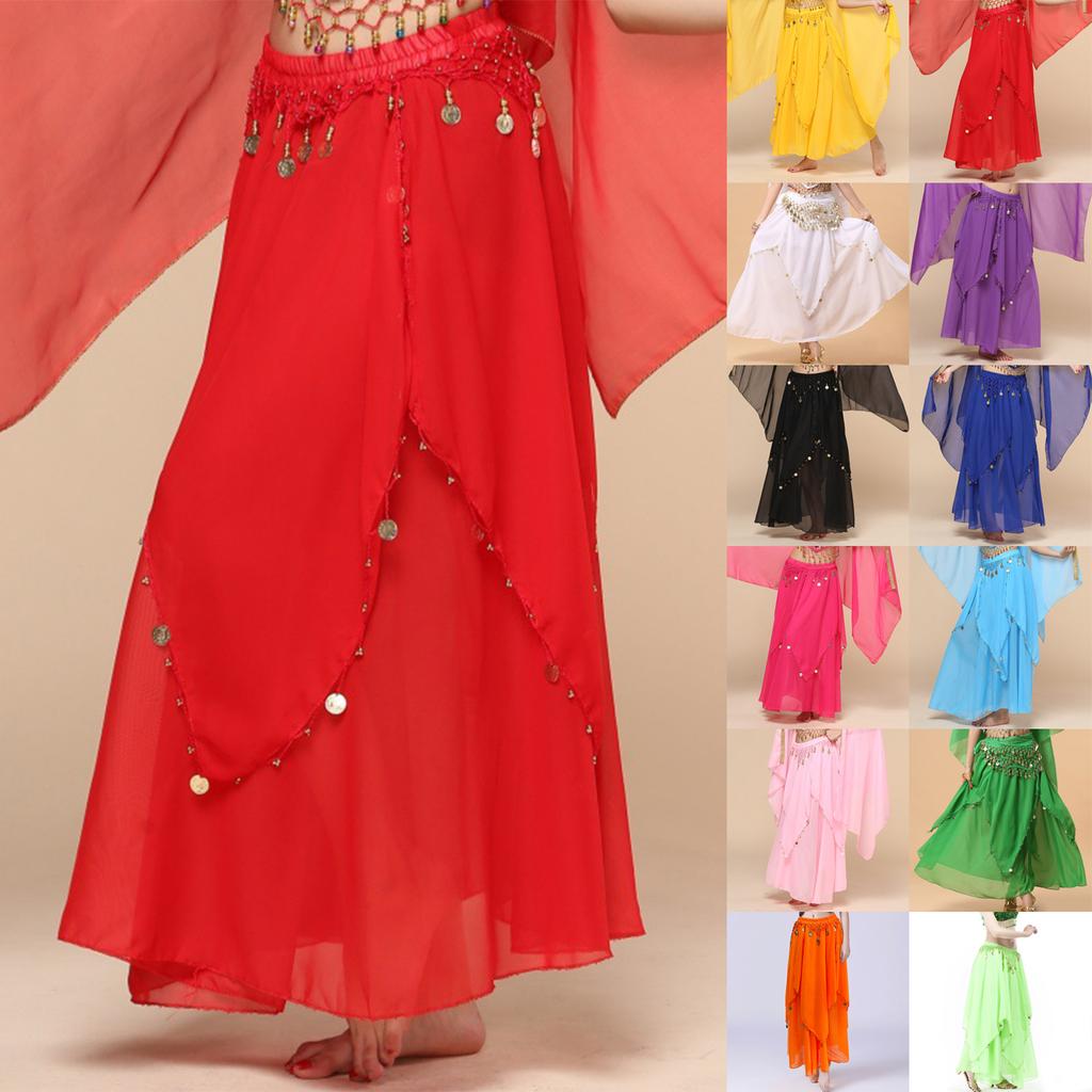 Ladies' Belly Dance Skirt Hanging Coin Skirt Chiffon Big Swing Skirt Performance Dress Shining Stage Performance Dress Shining Half Body Skirt
