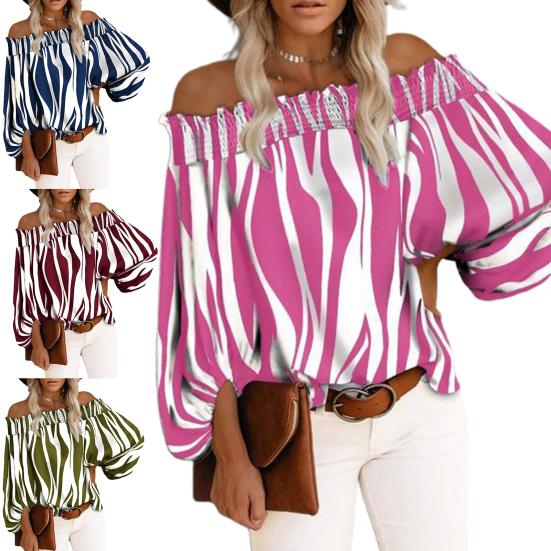 

Женская блузка в полоску с пышным рукавом и тонкими открытыми плечами, свободная посадка