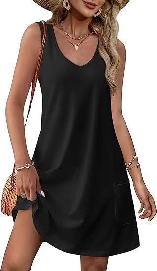 Summer Beach Loose V-Neck Sleeveless Pocket Dress Tank Top Skirt
