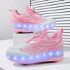 Barn Tvåhjuliga Dubbelanvändning LED Uppladdningsbara Lysande Rullskridskor Dubbelradiga Heelys Skor Rullskridskor