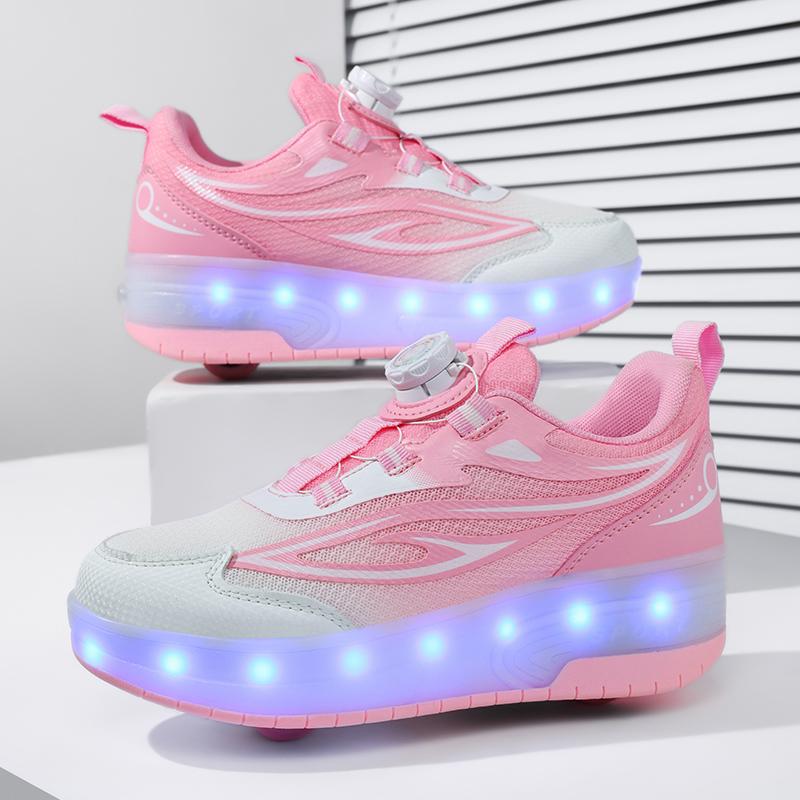 Barn Tvåhjuliga Dubbelanvändning LED Uppladdningsbara Lysande Rullskridskor Dubbelradiga Heelys Skor Rullskridskor