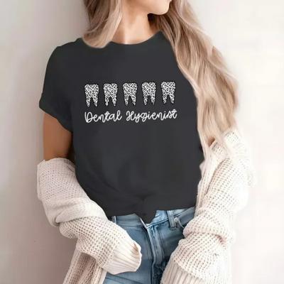 T-shirt Kawaii Esthétique Drôle Dent Dentiste Manches Courtes Femme Mode d'Été T-shirt Décontracté Noir Mode T-shirt Col Rond Hauts