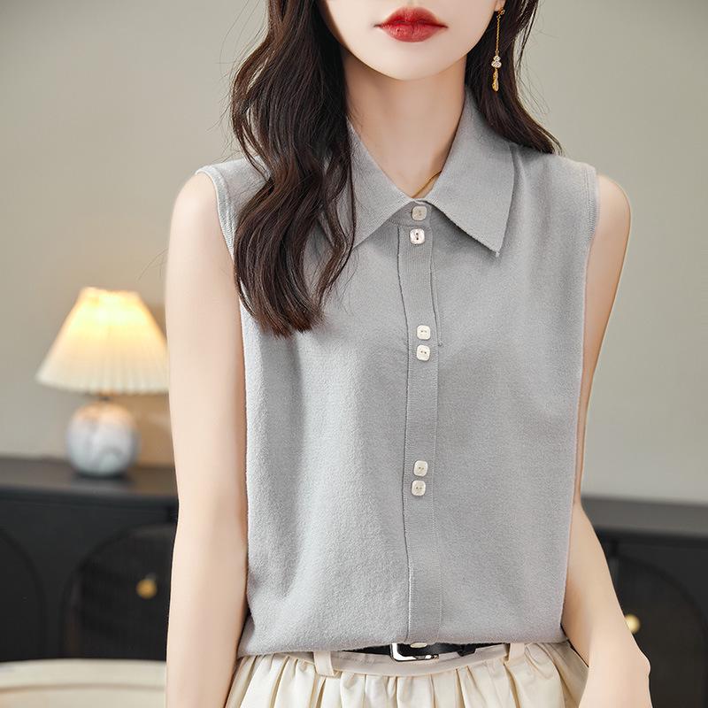 2024 Women's Sleeveless Polo Collar Knit Vest - Spring/Autumn Korean Style