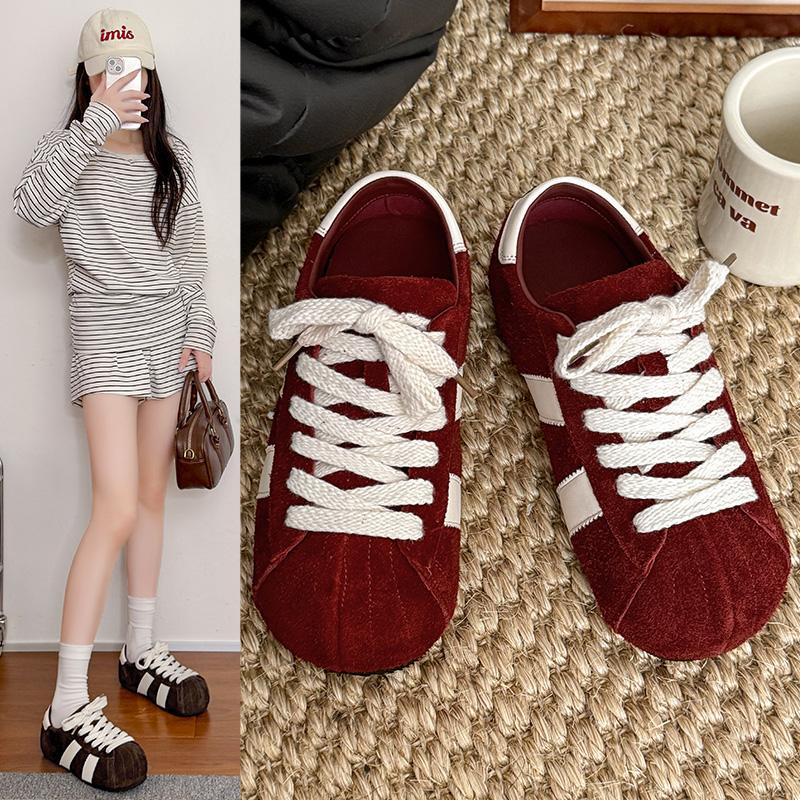 

Fashion Soft Leather Version Retro Round Head Couple Comfortable Shoes Spring New Style Versatile Breathable Lightweight Sports Shoes 35 красный