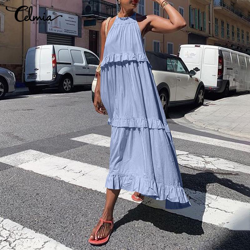 

Celmia Лето Женщины Без рукавов Halter Шея Сшивание Торт Свободное длинное платье