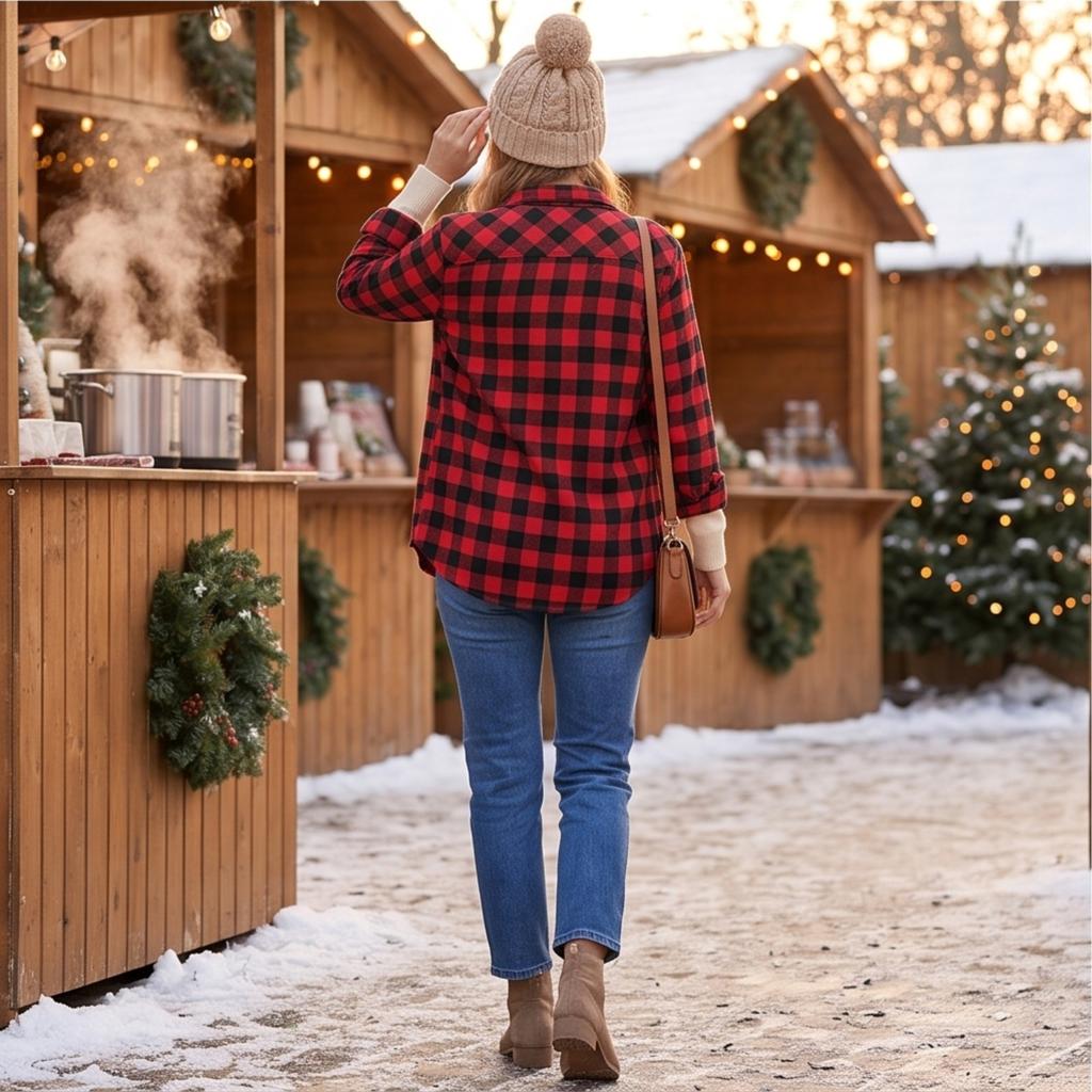 Women's Casual Plaid Long Sleeve Shirt Jacket with Lapel Collar for Everyday Wear