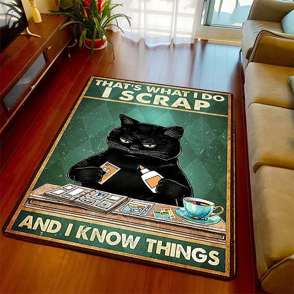 Schwarze Katze Retro Bereichsteppich Teppich Wohnzimmer Heimdeko Sofa Teppich Rutschfest Stuhlkissen Lounge Matte Halloween Hexen Dekoration