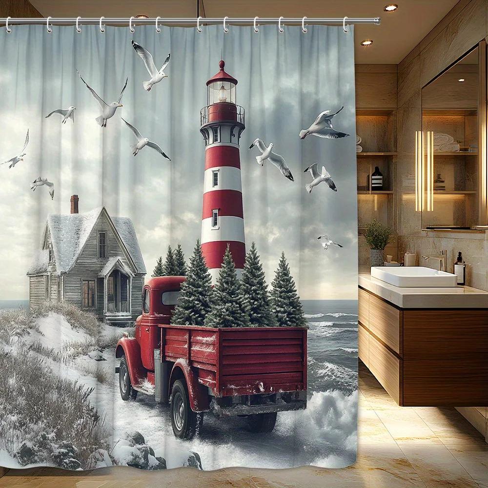 

1pc Rustic Coastal Winter Scene Shower Curtain - Lighthouse, Pine Trees & Snowy Cottage Design, Dramatic Sky, Polyester Fabric, W90xH180cm
