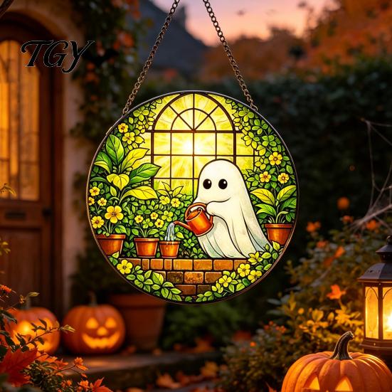 Waterproof Outdoor Branch Decoration Retro Halloween Pendant, Ghost/Bat/Spider Web/Pumpkin Head Print, Dark Theme Holiday Decor Vintage Acrylic