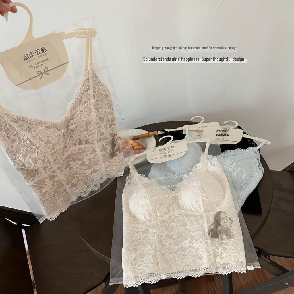 French Lace V-Neck Seamless Camisole with Fixed Cups and Thin Straps
