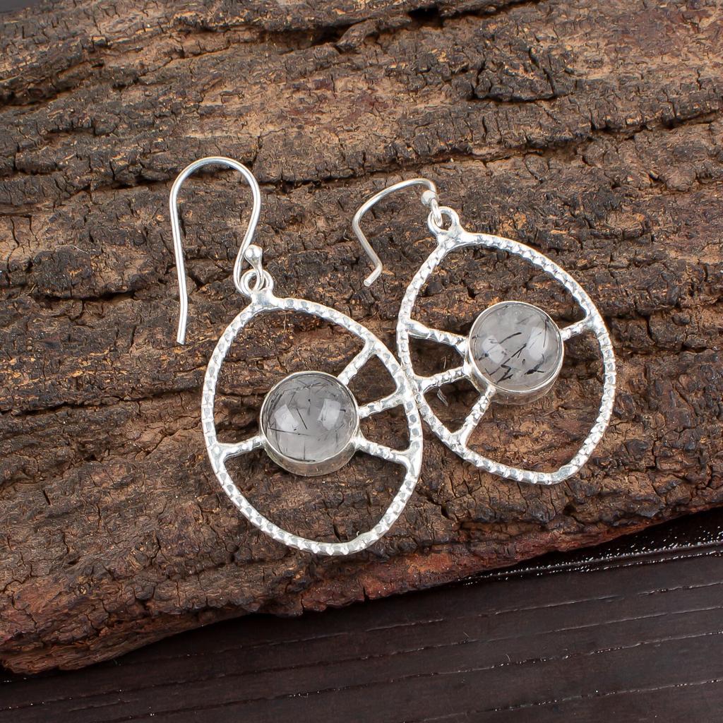Black Rutile Gemstone 925 Sterling Silver Jewelry Handmade Women Earrings 2.00" EE-52-28