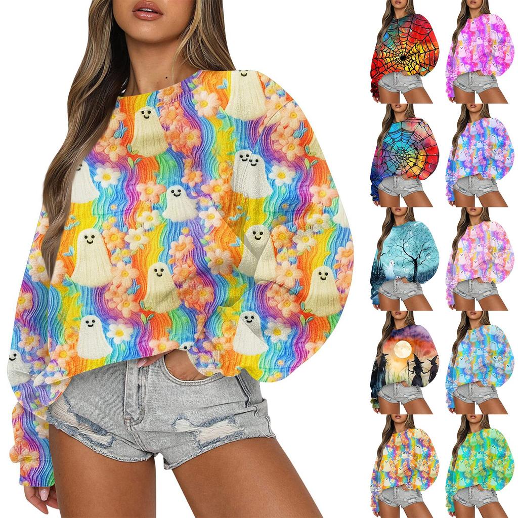 Women's Casual Fashion Printed Long Sleeved Knitted Sportswear Top, Loose Fit Halloween