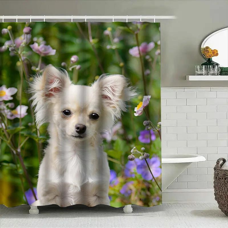 3D Printed Shower Curtain With Flower Pattern For Bathroom Decor White Pomeranian Dog Print Water-Resistant Fabric Shower Curtai