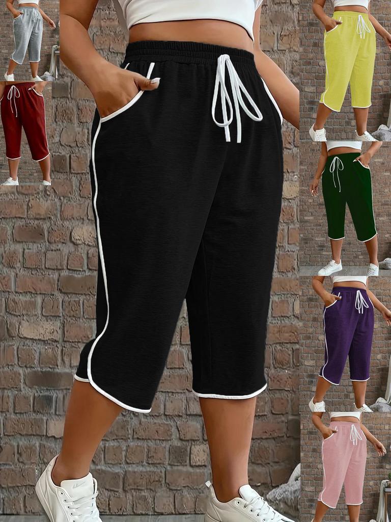 2026 Plus Size Women's Color Block Stretchy Cropped Pants - Comfortable & Sexy Sportswear Casual Pants
