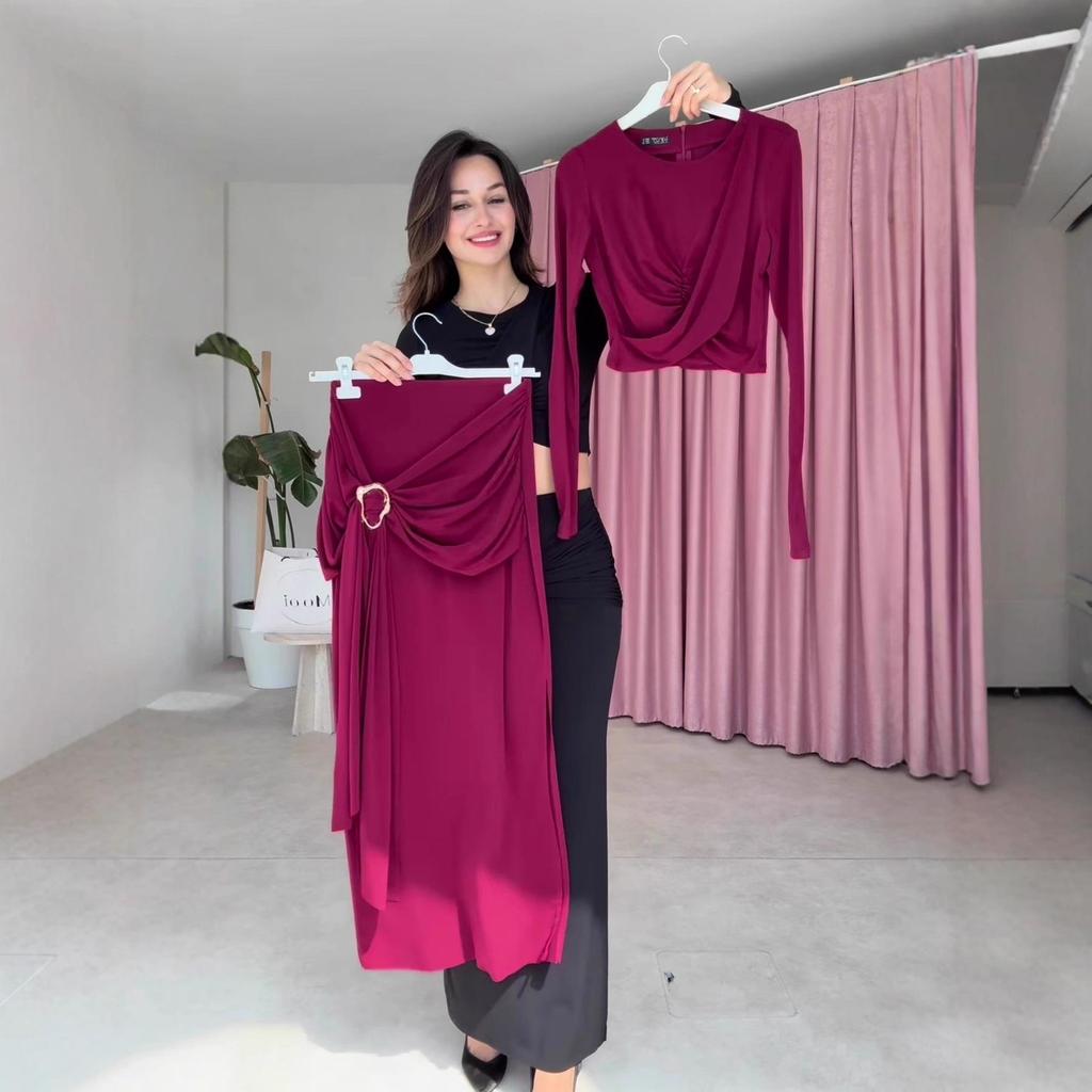 2025 Autumn Women's Round Neck Long Sleeve Top and Sexy Long Dress Set