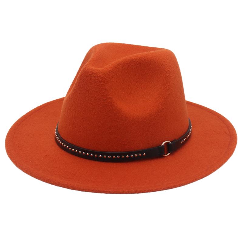 European And American Style Big-Brimmed Top Hat, Metal Ring, Rivet, Belt Accessories, Felt Hat, Light Top Fedora Hat, Foreign Trade Monochrome Hat