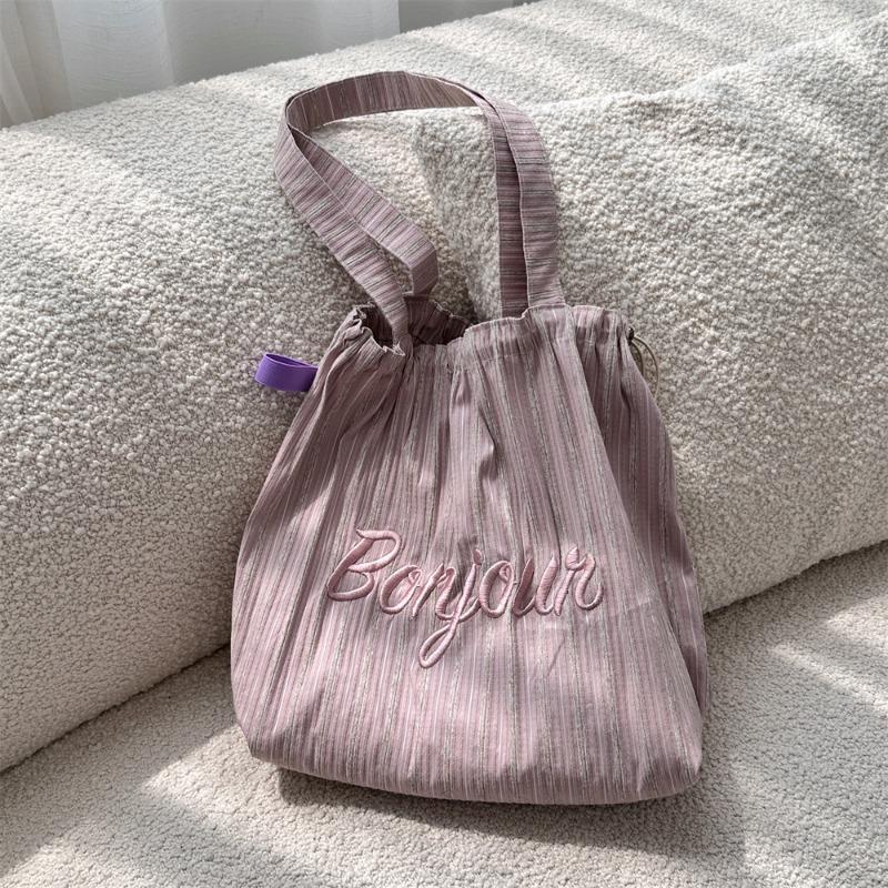 2 striped letter embroidered shoulder tote bag drawstring large capacity canvas bag commuter shopping bag