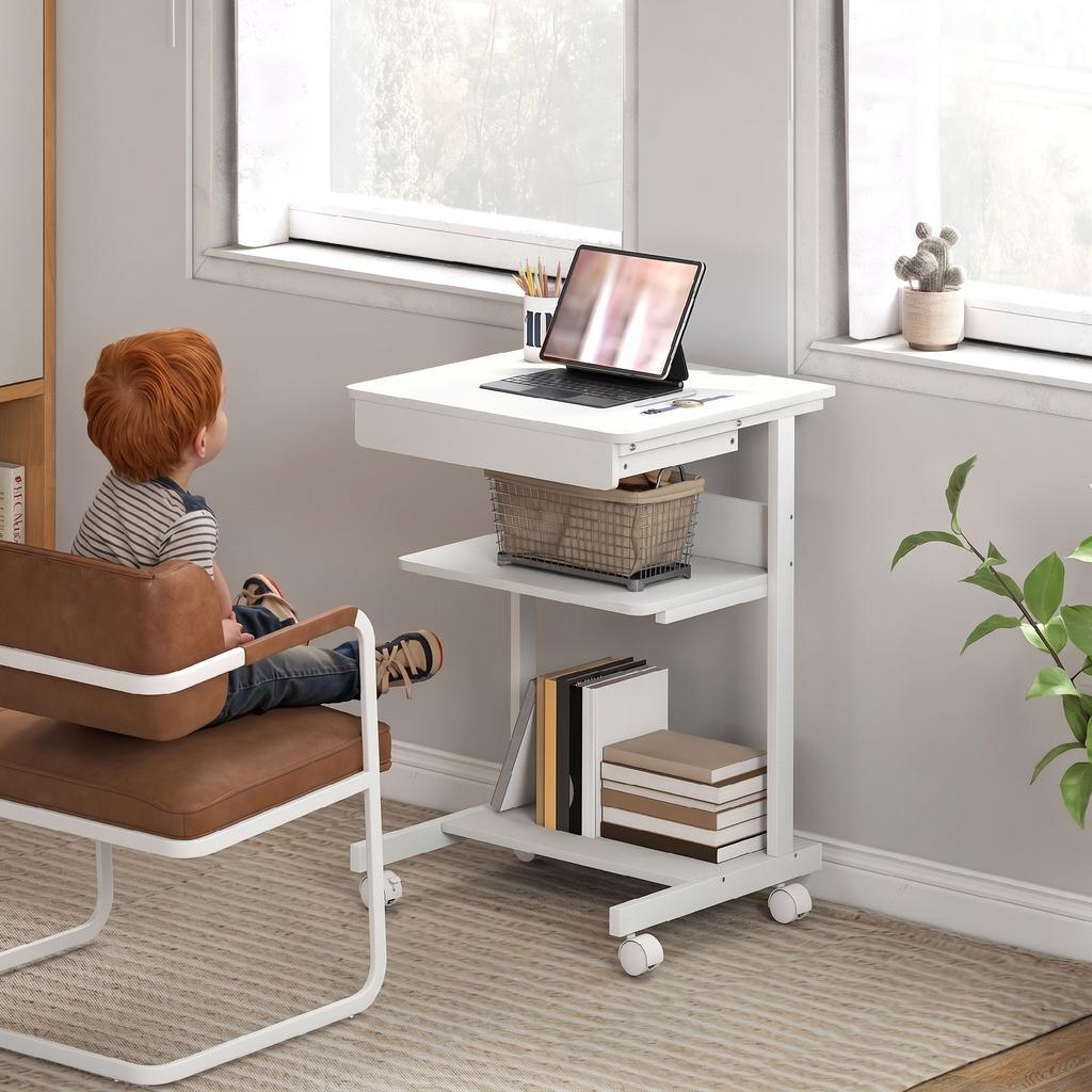 Rolling Desk with Drawer and Shelves, 4 Wheels, Compact, Chipboard, Metal