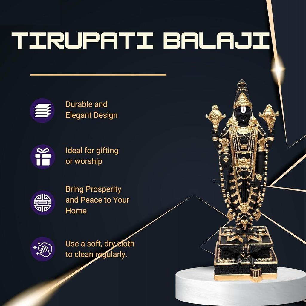 Lord Tirupati Balaji Black Terracotta Idol with Golden Jewelry Work | Vishnu Ji Idol for Office Desk |