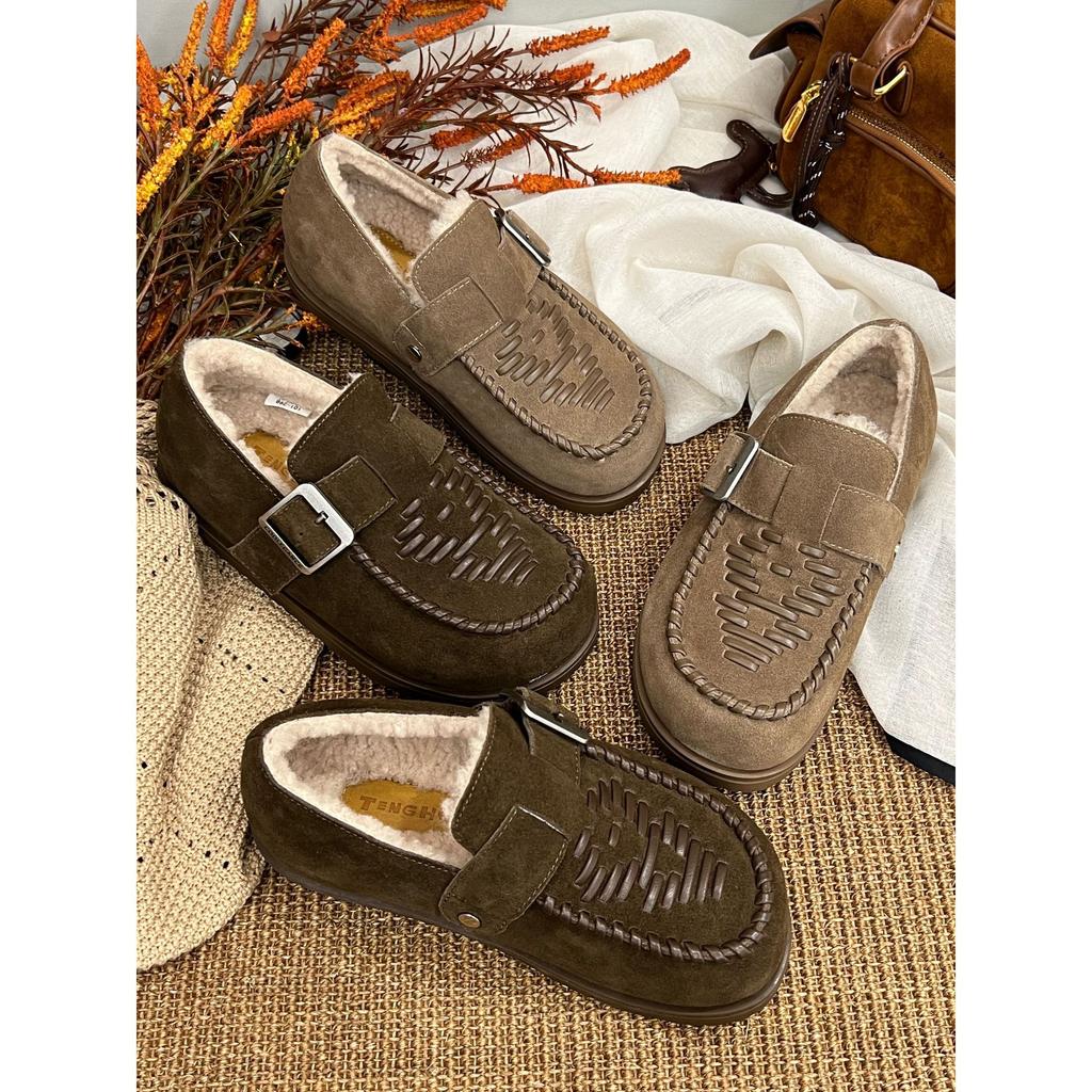 British style fringed woven beef anti-velvet surface autumn and winter new round head leather deep mouth fluffy Birkenstocks women