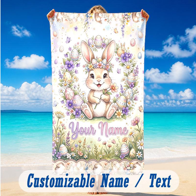 Easter Bunny Theme Beach Towel Personalized Custom Name & Text Soft Quick Dry Beach Towel for Swimming Travel
