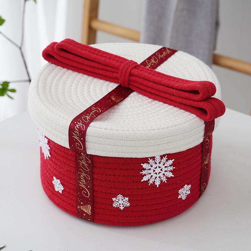 Christmas Decoration Storage Basket With Dust Cover Holiday Gift Box Cotton Rope Woven Snacks Small Gift Storage Basket