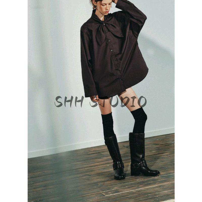Autumn New Women's Clothing Minimalist Style Ruched Decorative Long Sleeves Scarf Neckline Poplin Shirt 4661143