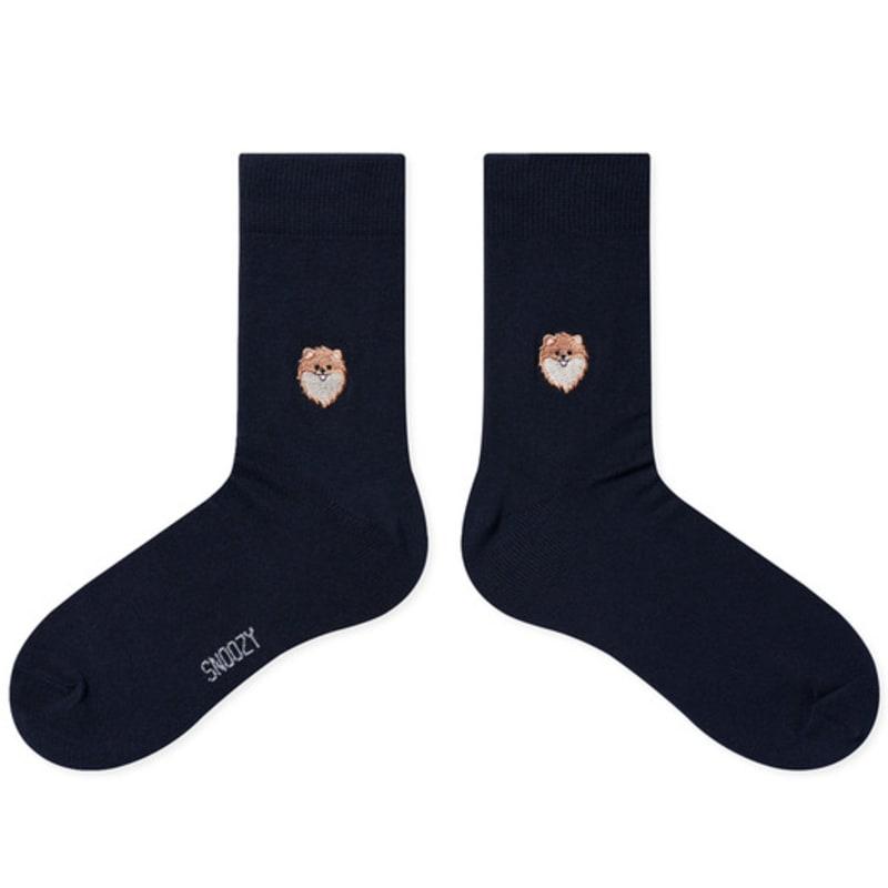 SNOOZY Pomeranian Puppy Face Embroidered Socks (Navy)